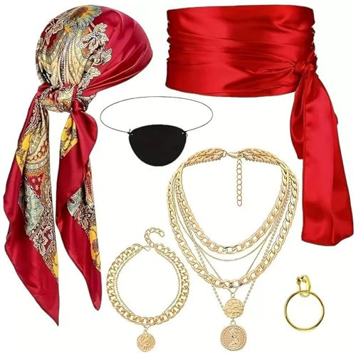 XVHOAB Piratenkostüm Frauen 6pcs/Set Red Halloween Piratenzubehör mit Kopftuch, Gürtel, Halskette, Armband, Augenmaske, Ohrringe für Cosplay -Party XVHOAB Piratenkostüm Frauen 6pcs/Set Red Halloween Piratenzubehör mit Kopftuch, Gürtel, Halskette, Armband, Augenmaske, Ohrringe für Cosplay -Party von XVHOAB