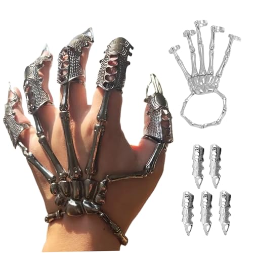 XVHOAB Skeletthandarmband mit 5pcs Vollfinger Ringen Punk Gothic Schmuck mit beweglicher Gelenkschachtel Alloy Halloween Schmuck für Cosplay, Party, Kostüm, Silber XVHOAB Skeletthandarmband mit 5pcs Vollfinger Ringen Punk Gothic Schmuck mit beweglicher Gelenkschachtel Alloy Halloween Schmuck für Cosplay, Party, Kostüm, Silber von XVHOAB
