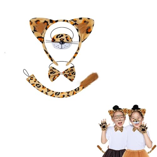 XVICO Karneval Leoparden Kostüm Damen Kinder Ohren Haarreif Leopardmuster Panther-Kopfbedeckung 4 Stück Stirnband mit Schwanz Fliege Gesichtstattoo, Leopard Kostüm für Kinder Damen Karneval Halloween von XVICO