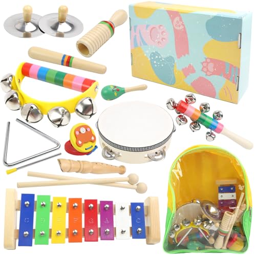 Holz Musikinstrumente für Kinder ab 1Jahre, Montessori Spielzeug, Regenbogenfarbenes Baby Musikinstrumente mit Transparenter Aufbewahrungstasche von XWCHASA
