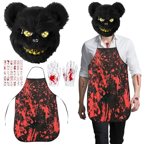 Horror Bär Kostüm Set,4PCS Bloody Braun Maske Hallow-een Grusel Maske, Grusel Blutige Schürzen, Halloween Tattoo Aufkleber blutige Messer Requisiten für Jugendliche Erwachsene Halloween Party Cosplay Horror Bär Kostüm Set,4PCS Bloody Braun Maske Hallow-een Grusel Maske, Grusel Blutige Schürzen, Halloween Tattoo Aufkleber blutige Messer Requisiten für Jugendliche Erwachsene Halloween Party Cosplay von XWDEEX