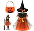 XWDEEX Hexenkostüm Mädchen,Kinder Halloween Kostüm mit Hut, Kürbis Candy Bag, Halloween Umhang Mädchen,für Halloween Fasching Karneval Cosplay Party 120CM von XWDEEX