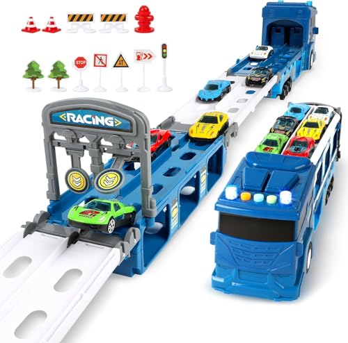 XWGKLN 2 In 1 Transporter Autos Set 45 Zoll Tragbares Rennstrecke LKW Spielzeug Set mit realistischen Soundeffekten & 6 Auto Spielzeug für Kinder von Spielzeugautos 3 bis 8+ Jahren von XWGKLN