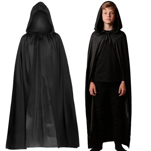 XWGKLN Schwarzer Kapuzenumhang, 140 cm, dünner und leichter Umhang für Halloween, Hexe, Vampir, Voldemort-Kostüm, Gothic-Cosplay, Unisex-Kostüm, Party-Outfit von XWGKLN