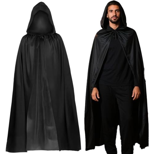 XWGKLN Schwarzer Kapuzenumhang, 160 cm, einlagig, leicht, Umhang für Halloween, Hexe, Vampir, Voldemort, Cosplay, Gothic-Kostüm und Party-Kostüm, Erwachsene und Jugendliche von XWGKLN