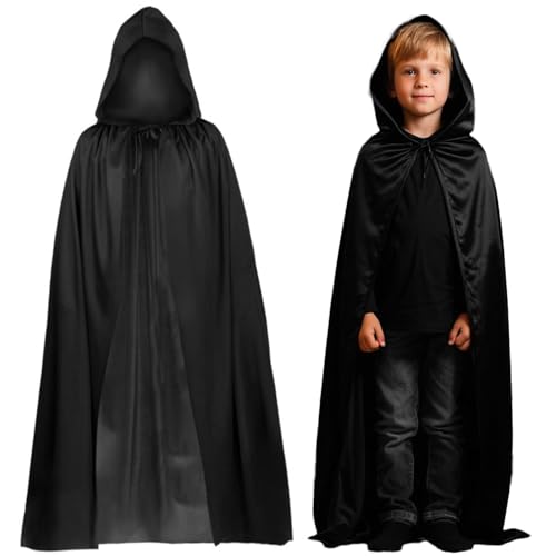 XWGKLN Schwarzer Umhang mit Kapuze, 120 cm, einlagiger, dünner Umhang für Kinder, Halloween, Hexe, Zauberer, Vampir-Kostüm, Cosplay-Kostüm und Gothic-Partykleidung von XWGKLN