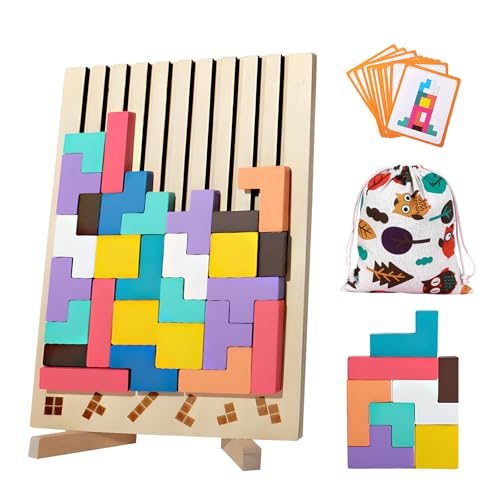 Holzpuzzle Tetris, Montessori Spielzeug, Gehirn Spielzeug, 3D Holzpuzzle, Bunt Geometrische Blöcke Tetris mit 10 Karten und Halterung, Geschenke für 3 4 5 6 Jahren von XWUX