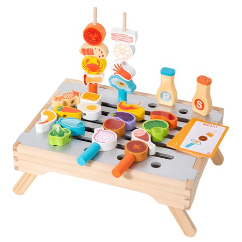 XWUX Kinder-Grillset aus Holz, 34-teiliges kindergrill Spielzeug, inklusive Grillrost, Fleisch, Gemüse, Meeresfrüchten und Gewürzgläsern, 10 doppelseitigen Karten, kinderküche zubehör ab 3 Jahren von XWUX