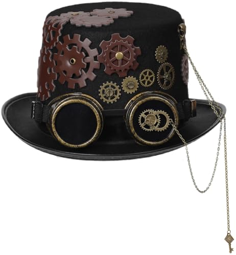 XWXLDD Unisex Gothic Steampunk Top Hüte mit Goggle Gear Halloween Hut Kopfbedeckung Herren Damen, Black21, 60-61cm von XWXLDD