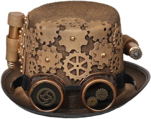 XWXLDD Unisex Gothic Steampunk Top Hüte mit Goggle Gear Halloween Hut Kopfbedeckung Herren Damen, Golden2, 60-61cm von XWXLDD