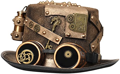 XWXLDD Unisex Gothic Steampunk Zylinder Hüte mit Brille Ausrüstung Halloween Hut Kopfbedeckung Herren Damen (58-59cm, Golden1) von XWXLDD