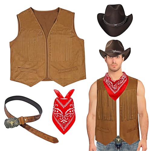 XXFKQ Western-Cowboy-Outfits für Herren, Cowboy-Quaste, Weste, Kostüm, Zubehör, Cowboy-Anzug, Weste, Hut, Schnalle, Gürtel, Paisleymuster, Bandana für Halloween, Cosplay, Motto-Party (Braun, Medium von XXFKQ