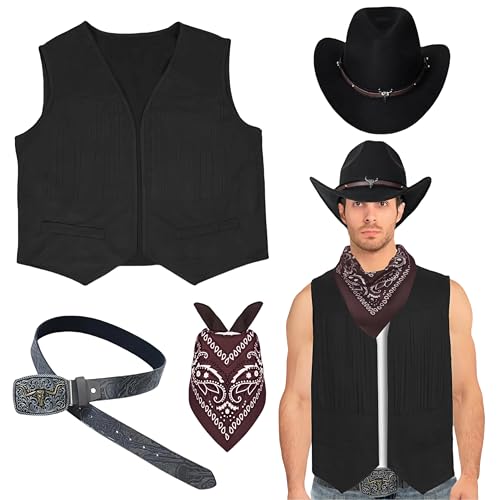 XXFKQ Western-Cowboy-Outfits für Herren, Quaste, Weste, Kostüm, Zubehör, Cowboy-Anzug, Weste, Hut, Schnalle, Gürtel, Paisleymuster, Bandana für Halloween, Cosplay, Motto-Party, Schwarz, Größe L, 4 XXFKQ Western-Cowboy-Outfits für Herren, Quaste, Weste, Kostüm, Zubehör, Cowboy-Anzug, Weste, Hut, Schnalle, Gürtel, Paisleymuster, Bandana für Halloween, Cosplay, Motto-Party, Schwarz, Größe L, 4 von XXFKQ