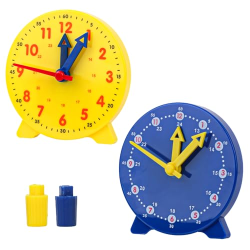 XXHUO Lernuhr für Kinder, 2 Stück, Lernuhr, Lernuhren für Kinder, die die Zeit erzählen, tragbare bewegliche Zeiger, 24 Stunden, langlebig, Mathematik, Lernen im Klassenzimmer, Blau / Gelb von XXHUO
