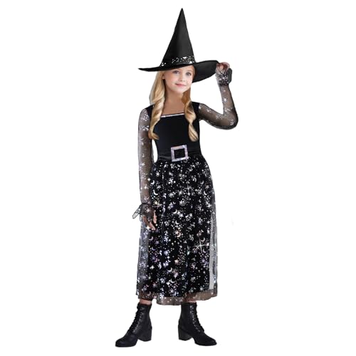 XXLOG Hexenkostüm für Mädchen, schwarzes Kleid mit Hut, Party, Halloween-Kostüme für Kinder, Größe L von XXLOG