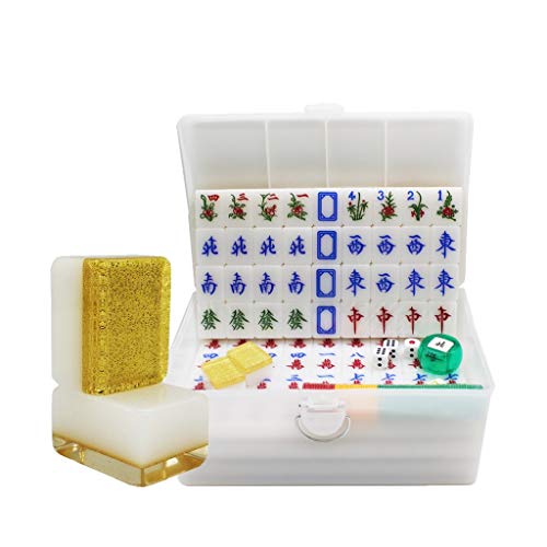 XXZY Chinesische Mahjong Kristall Acryl Mah Jongg 144 Stück Tragbare Mahjong mit Koffer Komplettes Spiel Set für Geschenk/Geburtstag (Farbe: Gold, Größe: 40 #) von XXZY