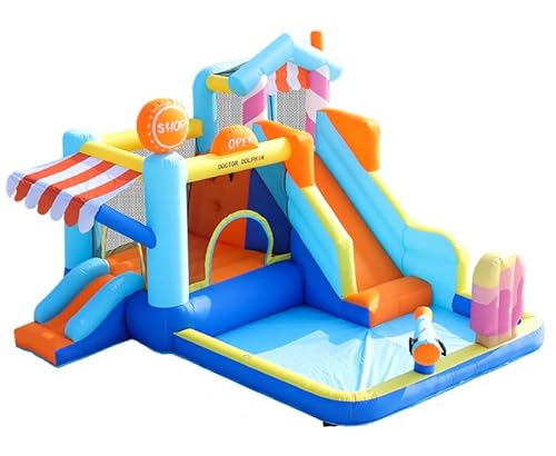 Hüpfburg mit Rutsche, Basketballkorb, Bällebad & Wurfspiel – Indoor & Outdoor Trampolinburg für Kinder inkl. Tragetasche, Reparaturset, 296 x 287 x 183 cm (LxBxH) von XYJBHB