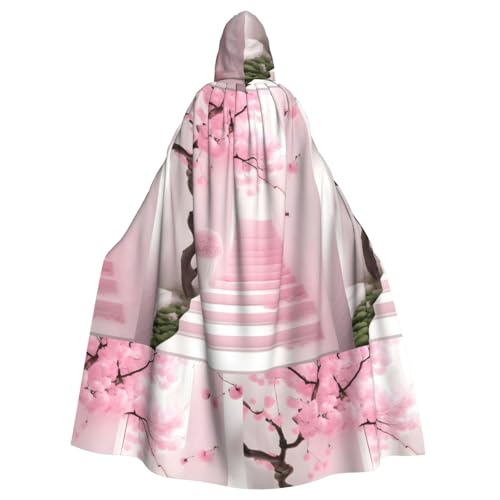 XZDAL Umhang mit Kapuze für Erwachsene, Motiv: rosa Kirschblüten, Treppenhaus, für Halloween, Cosplay, Maskerade, Party-Kostüm von XZDAL