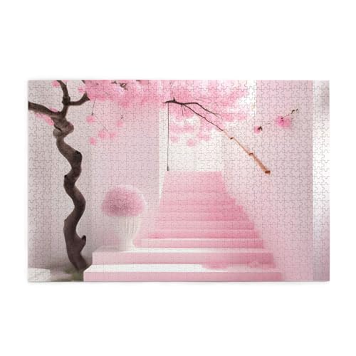 Pink Cherry Blossom Treppe Horizontales Holzpuzzle 1000 Teile Entspannen und Verbessern Sie die Hände auf Fähigkeiten und Konzentration von XZDZWK