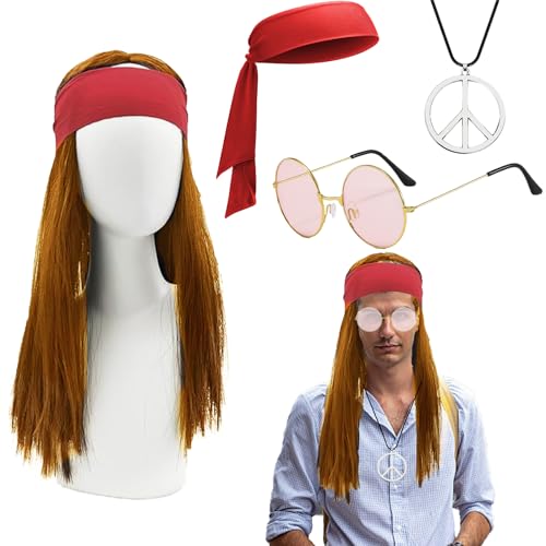 4 PCS 70er Hippie Kostüm Set, Perücke, Brille, Peace Halskette, Stirnband, Hippie Accessories, 60er 70er Jahre Outfit Hippie Kostüm Herren Damen für Fasching Karneval Party 70er Jahre Themenparty 4 PCS 70er Hippie Kostüm Set, Perücke, Brille, Peace Halskette, Stirnband, Hippie Accessories, 60er 70er Jahre Outfit Hippie Kostüm Herren Damen für Fasching Karneval Party 70er Jahre Themenparty von XZEIT