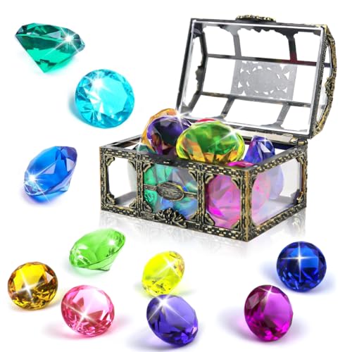 Tauchjuwel Pool Spielzeug, 10 Große Bunte Acryl Diamanten mit Piraten Schatzkiste, Tauchspielzeug Kinder Unterwasser Edelstein Schwimmen Training Wasserspielzeug, Edelstein Piratenschatz Spielzeug von XZMCAT
