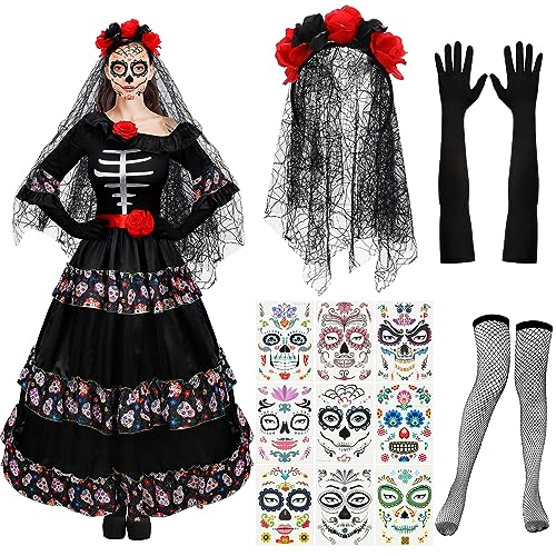 Xaatren 5 Stück Damenkostüm Tag der Toten Halloween schwarzer Totenkopf Rock Handschuhe Strumpf, Gesicht, Tattoos, Blumen-Kronenschleier (3XL) von Xaatren