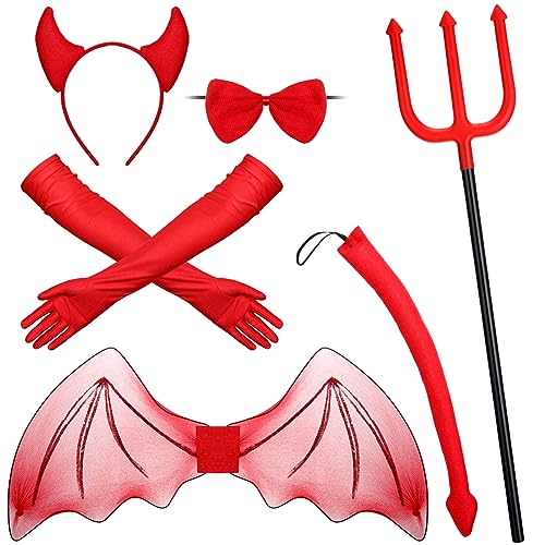 Xaatren 6-teiliges Halloween-Monster-Kostüm-Set, Monsterhörner, Stirnband, Schwanz, Cosplay, Flügel, Gabel, Fliege, lange Handschuhe, Halloween, roter Dämonen-Kostüm, Zubehör für Cosplay, Party von Xaatren