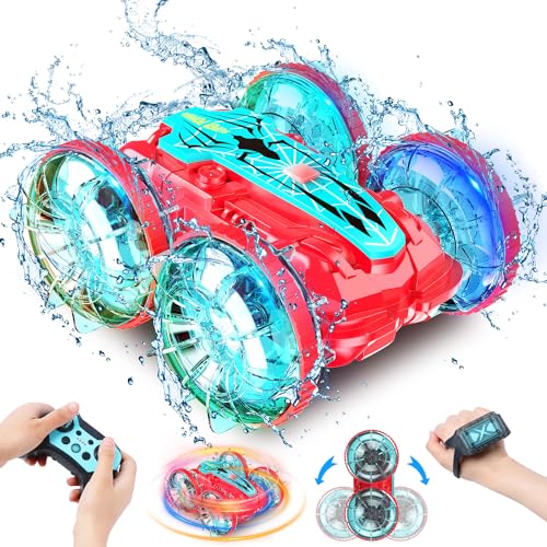 Amphibienfahrzeug Ferngesteuertes Auto, Wasserdichtes 4WD Stunt Auto zum Spielen Wasser & Land mit LED Leuchten,360 °Drehbar, Gestensensor,1 Batterie,Geschenke für Kinder im Alter von 4–7, 8-12+ von Xander