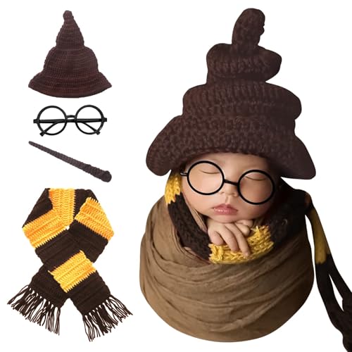 Xanewza 4 PCS Neugeborene Fotografie Requisiten Set Halloween Zauberer Hut Schal Zauberstab Brille Rahmen Häkeln Baby Foto Requisiten Halloween Baby Kostüm Magic Party von Xanewza