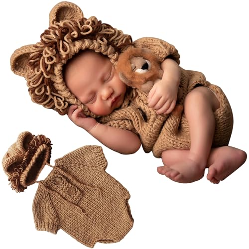 Xanewza Neugeborene Baby Kinder Häkeln Stricken Photoshoot Props Animal Kostüm Set Strampler Strampler Strampler für Neugeborene Löwe von Xanewza