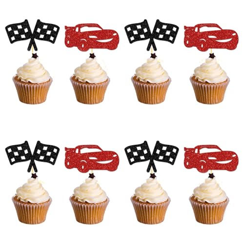 Xanthelle Cars Tortendeko, 24 Stück Auto Cake Topper im Rennwagen Design, Hot Wheels Geburtstagsdeko für Kinder, Tortenstecker und Flagge für Racing Torte von Xanthelle