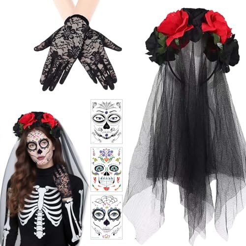 Xanthelle Halloween Haarreif, Dia de los Muertos Kopfschmuck mit schwarzem Schleier, Spitzenhandschuhen & Gesichtstattoos für Damen Kostüm Party von Xanthelle