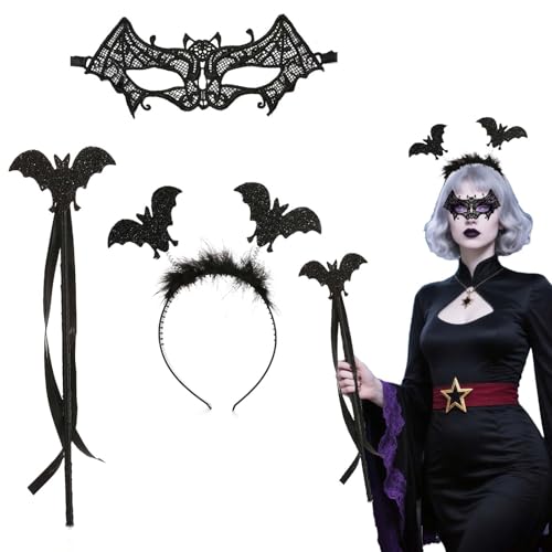 Xanthelle Halloween Haarreif, Fledermaus Kostüm Zubehör für Damen, Stirnband, Augenmaske, Zauberstab Set für Halloween Partys, Maskenbälle von Xanthelle