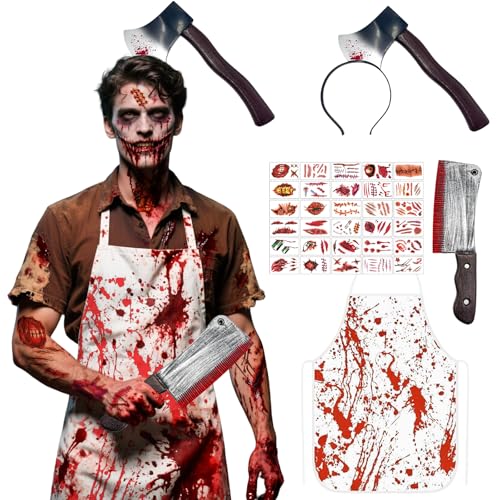 Xbessc Halloween Metzger Kostüm, Horror Kostüm Accessoire Herren, Halloween Blutige Schürze Küchenmesser Kopf Haarschmuck mit Messer und 30 Stück Zombie Narben Tattoos für Party Cosplay Xbessc Halloween Metzger Kostüm, Horror Kostüm Accessoire Herren, Halloween Blutige Schürze Küchenmesser Kopf Haarschmuck mit Messer und 30 Stück Zombie Narben Tattoos für Party Cosplay von Xbessc