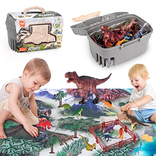Xbesttoy Dinosaurier Spielzeug mit Spielmatte, Enthält 19 Dino Modelle (Tyrannosaurus Rex, etc.) 30 Zubehörteile (Bäumen,Felsen etc.) Dinosaurierwelt & Lernspielzeug für Kinder 3 4 5 6+ Gray von Xbesttoy