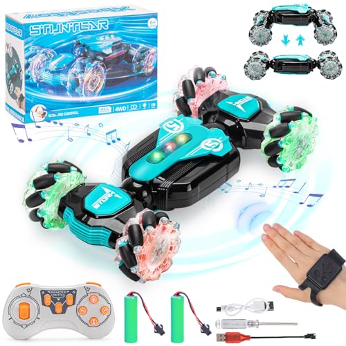 Xbesttoy Ferngesteuertes Auto mit Handsteuerung, 4WD RC Twist Car mit Musik Licht & Spray, 2.4GHz Auto Doppelseitige Rotierende Off-Road 360° Flips für Kinder Jungen 6 7 8 Jahre(Blau) von Xbesttoy