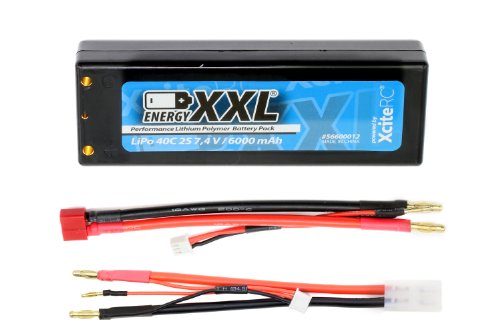XciteRC 56600012 - Energy XXL Performance Lipo Batterie Pack 40C 2S - Hardcase, 4 mm Goldplugs, T und JST Adapterkabel, 7.4 V, 6000 mAh von XciteRC