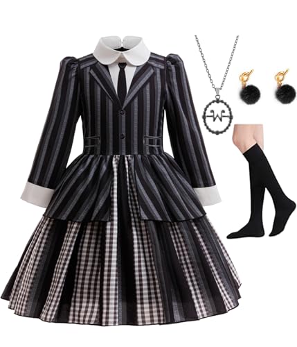 Xefenki Schwarzes, gestreiftes Kleid im Gothic-Stil, für Mädchen, Kinder, inklusive Halskette, Socken, Ohrringe, Farbe: A, 9–10 Jahre (140) von Xefenki