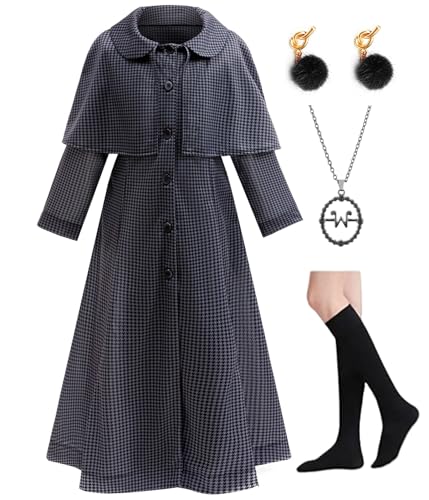 Xefenki Schwarzes, kariertes langes Kleid für Mädchen, Gothic-Stil, College-Stil, inklusive Socken, Halskette, Ohrringe, Farbe: A, 12–13 Jahre (160) von Xefenki