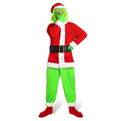 XehCaol 7 Pcs Grinch Kostüm Erwachsene Mit Maske,Grün Großes Monster Kostüm,Weihnachtsmann Kostüm Nzüge Outfits Halloween Costume Props (2XL, green costume adult) von XehCaol