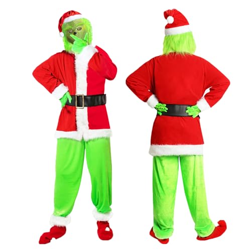 XehCaol 7 Pcs Grinch Kostüm Erwachsene Mit Maske,Grün Großes Monster Kostüm,Weihnachtsmann Kostüm Nzüge Outfits Halloween Costume Props (2XL, green costume adult) von XehCaol