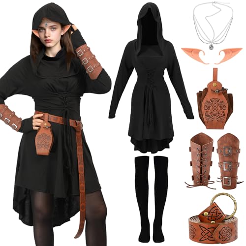 XehCaol 7-teiliges Mittelalter Kleid Damen Set mit Kapuzenkleid Gürtel und Zubehör Mittelalter Kostüm Perfekt für LARP Renaissance und Karneval Halloween (Black, 2X-Large) von XehCaol