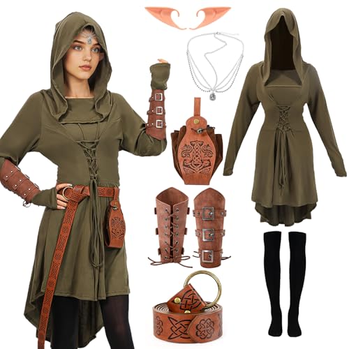 XehCaol 7-teiliges Mittelalter Kleid Damen Set mit Kapuzenkleid Gürtel und Zubehör Mittelalter Kostüm Perfekt für LARP Renaissance und Karneval Halloween (Green, X-Large) von XehCaol