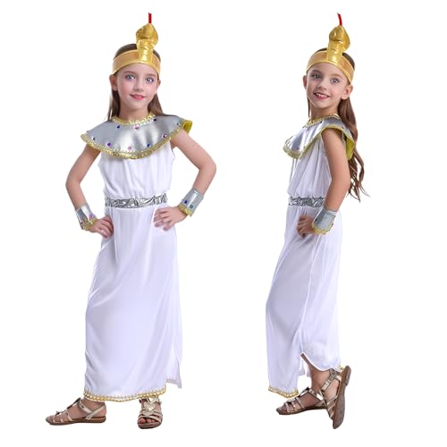 XehCaol Ägyptisches Prinzessin Kostüm Kinder - Weißes Gewand mit Goldlinien & Silberner Umhang mit Edelsteinen - Karneval Themenpartys Verkleidung Alter 4-10 Jahre (White, 110) von XehCaol