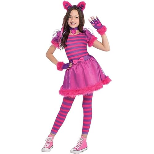 XehCaol Alice Grinsekatze Kostüm mit Katzenschwanz Ohren Handschuhe Set ，Karneval Halloween Cosplay Kostüm für Kinder Mädchen (cat set, L) von XehCaol
