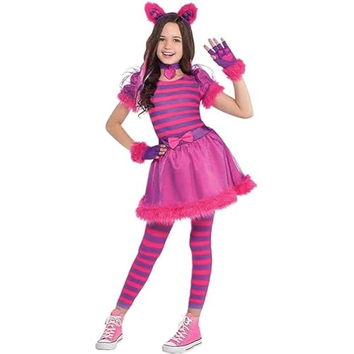 XehCaol Alice Grinsekatze Kostüm mit Katzenschwanz Ohren Handschuhe Set ，Karneval Halloween Cosplay Kostüm für Kinder Mädchen (cat set, L) von XehCaol