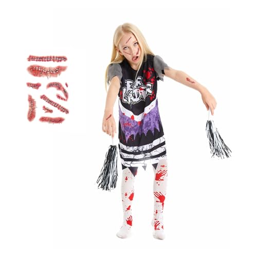 XehCaol Cheerleader Kostüm Kinder Blutiges Zombie Kostüm Mädchen mit Cheerleader Pompons Strümpfe für Halloween Karneval Cosplay (Lila, Small) von XehCaol