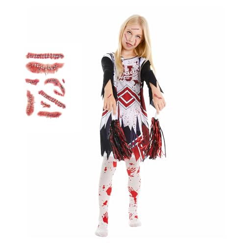 XehCaol Cheerleader Kostüm Kinder Blutiges Zombie Kostüm Mädchen mit Cheerleader Pompons Strümpfe für Halloween Karneval Cosplay (Rot, X-Large) von XehCaol