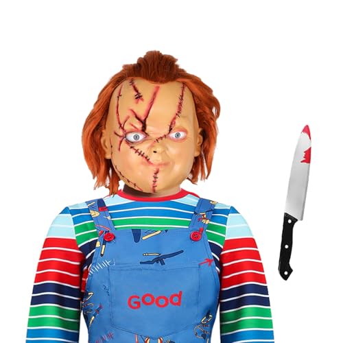 XehCaol Chucky Maske Vollkopf Latexmaske mit Echthaar und Blutigen Narben Blutiges Plastikmesser 2er Set Halloween Horror Kostüm Gruselmaske für Erwachsene Cosplay (2pcs set) von XehCaol