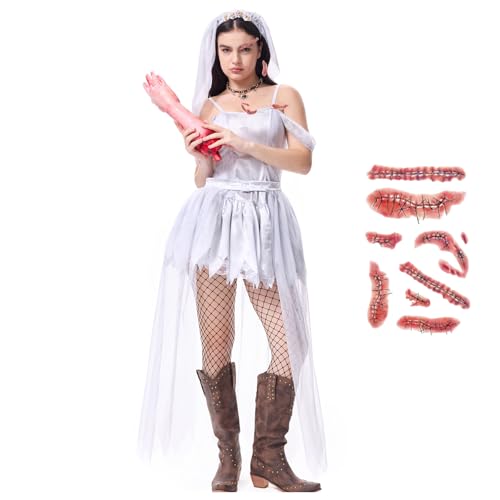 XehCaol Damen Halloween Kostüm Zombie Braut mit Schleier-Spitzenhandschuhen – Weißes Trägerkleid Tüll Asymmetrischer Saum Tattoo-Aufklebern (White, 2X-Large) von XehCaol